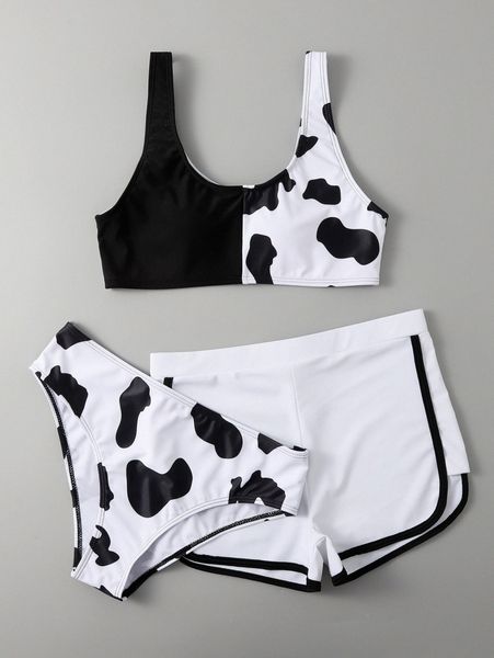 

3pack cow print bikini swimsuit with shorts q0vz#, White;black