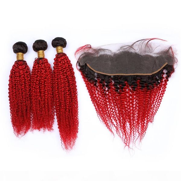 

#1b red ombre kinky curly 3bundles brazilian hair and 1 frontal closure 13x4 curly bright red ombre human hair weaves with lace frontal, Black;brown