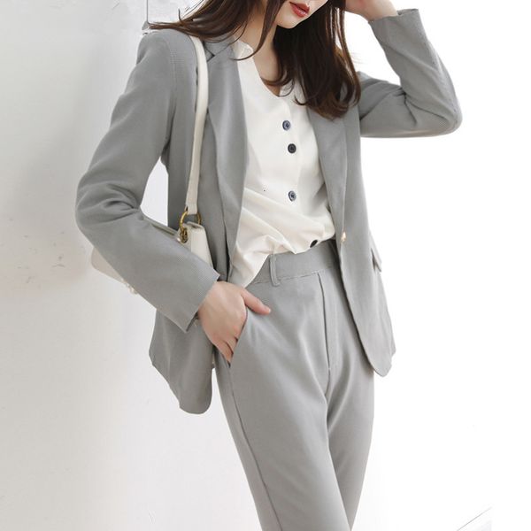 

2021 new autumn two-piece women long sleeve plaid blazer pants sets office ladies elegant pant suits m5es, Gray