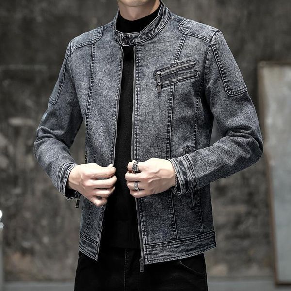 

men's jackets 2021 autumn stand collar slim vintage denim jacket men, Black;brown