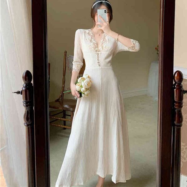 

casual dresses elegant french princess style lace v neck spring autumn dress women long sleeve high waist female clothes 5zo9, Black;gray