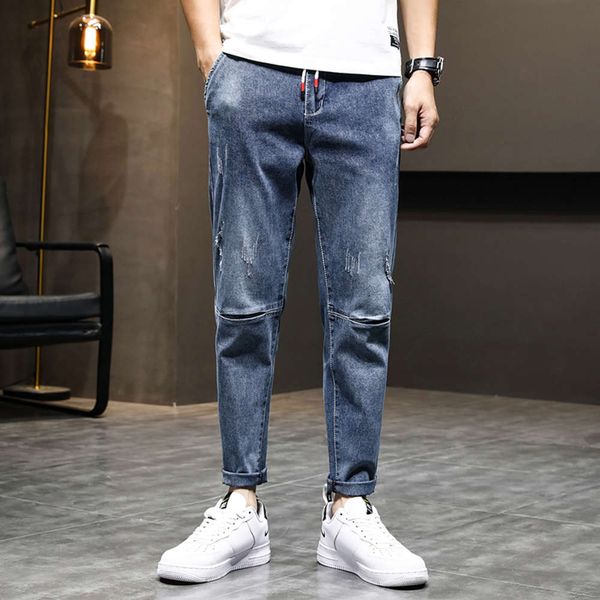 

elastic waist work jeans men's fashion brand spring and autumn new loose straight tube trend versatile hole casual capris, Blue