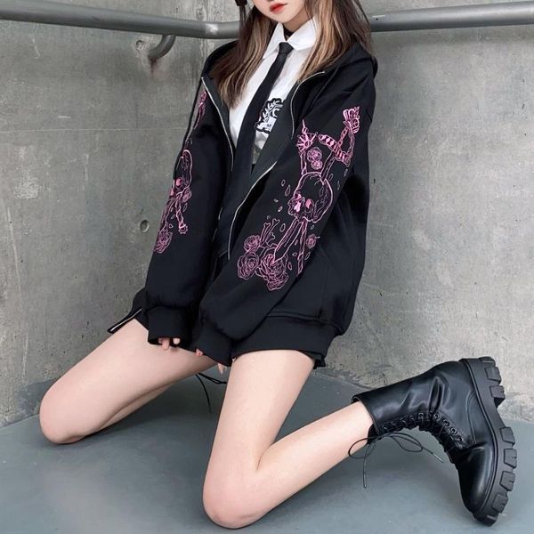 

women's hoodies & sweatshirts houzhou gothic harajuku punk zip-up japanese loose streetwear hooded preppy style long sleeve coat fashi, Black