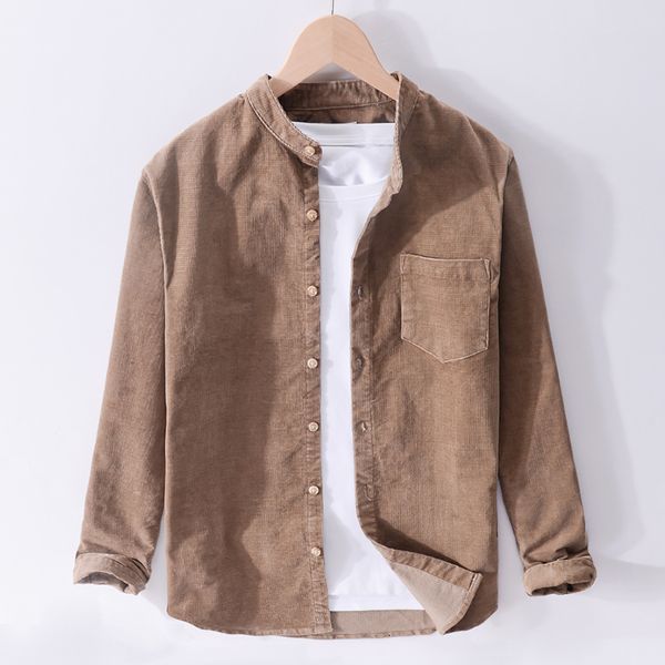 

2021 new men's corduroy long sleeve casual stand collar retro trend shirts for italy cotton men shirt brand chemise c926, White;black