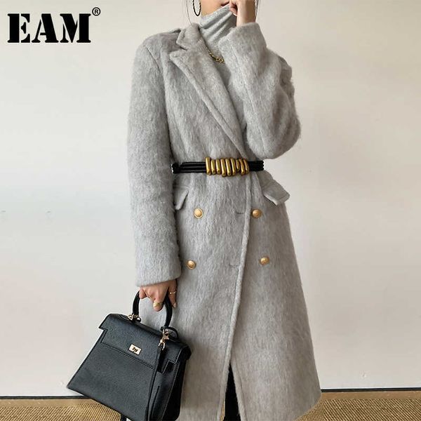 

[eam] loose fit double breasted gray woolen coat parkas notched collar long sleeve women fashion autumn winter 1dd4063 210930, Black