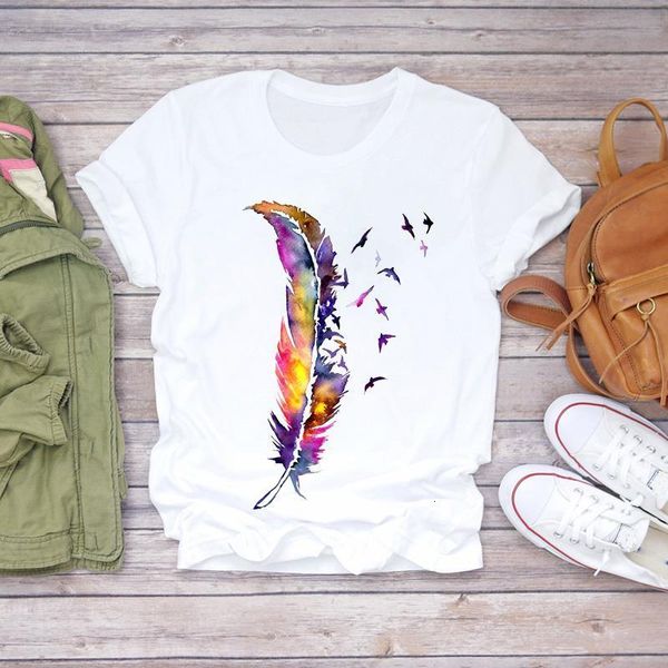

women watercolor feather bird short sleeve 90s casual print lady t-shirts womens graphic t shirt ladies female tee t-shirt, White