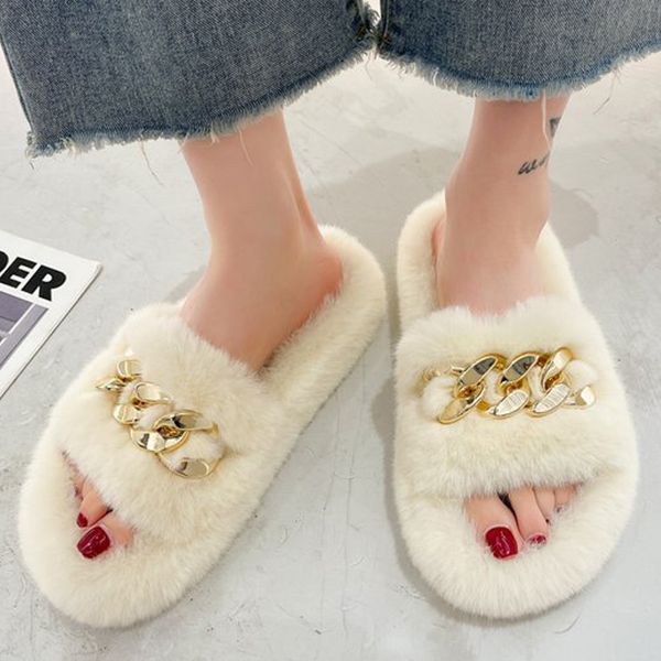 

fluffy slippers women fur slides winter slides metal flip flops faux fox slippers designer golden chain furry plush slippers, Black