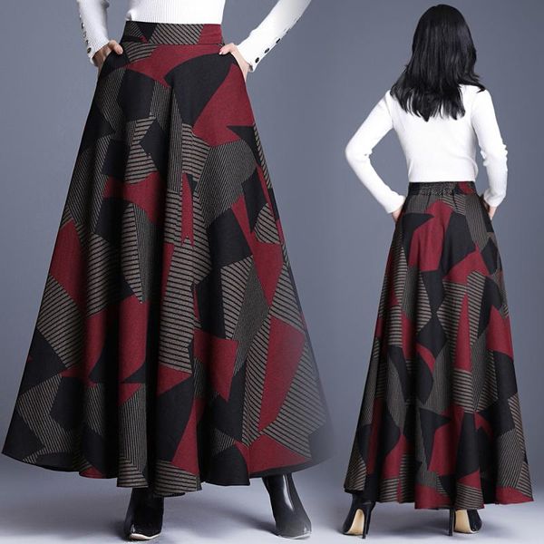 

skirts women a-line skirt elegant geometric elastic waist long woolen maxi warm autumn winter female umbrella plus size, Black