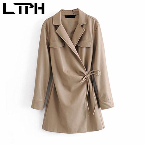 

casual dresses ltph style solid pu leather women dress long sleeve package hip bow bandage elegant 2021 spring autumn, Black;gray