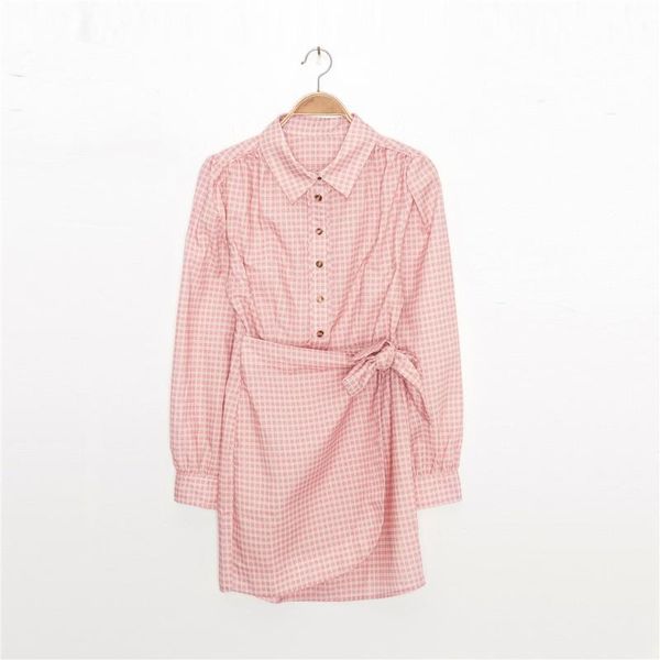 

casual dresses plaid print women mini dress 2021 spring summer wrap slim waist lace-up irregular short with buttons, Black;gray