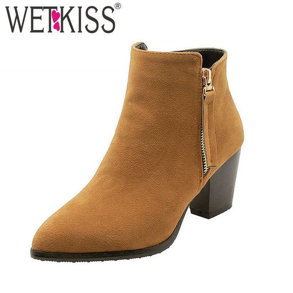 

wetkiss plus size 32-46 flock boots women ankle booties pointed toe shoes female zip high heels shoes ladies party shoes winter 210630, Black