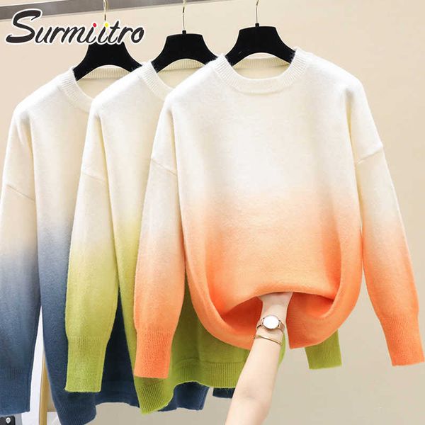 

surmiitro knitted oversize sweater women fashion autumn winter korean style gradient colors long sleeve pullover female 210712, White;black