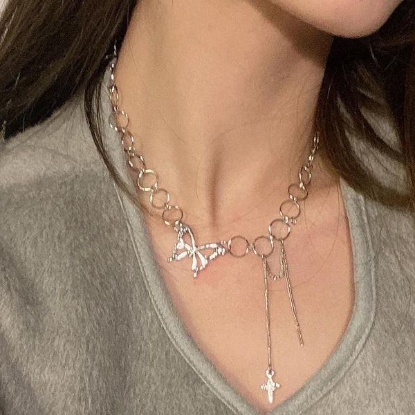 

chokers gothic punk butterfly choker clavicle necklace jewelry for women collares hip hop link chain jewlery, Golden;silver
