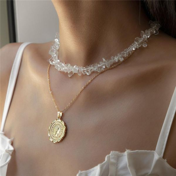 

chains korean choker temperament simple geometric beaded necklace vintage relief round card combination women's jewelry neck chain, Silver