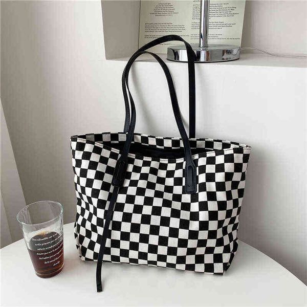 

shopping bags ladies fashion large capacity travel beach shoulder bag art retro canvas checkerboard plaid tote handbag for women 220309