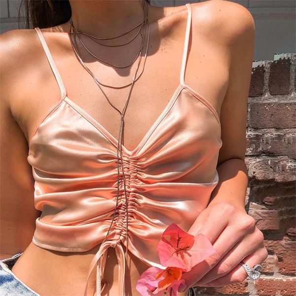 

women's tanks & camis 2021 summer camisole casual ruched drawstring front sleeveless v neck crop tee girls club party clothing, White