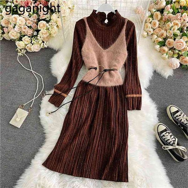 

elegant women bodycon maxi dress belt vest 2 pieces set chic solid knit dresses office lady bottom pleated vestidos 210601, Black;gray