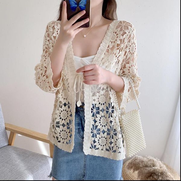 

2021 korean knitted lace blouse shirt women summer hollow out crochet brief vintage blouse for women cardigan, White