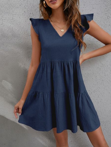 

v-neck ruffle trim smock dress a84c#, Black;gray