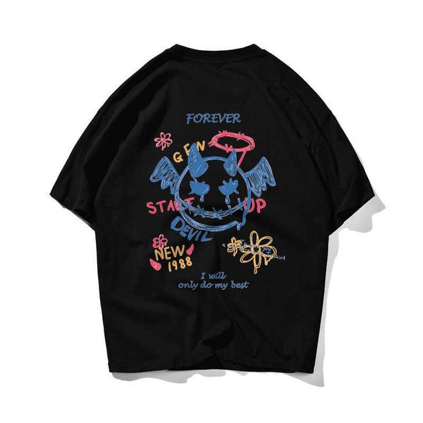 

oversized hip hop streetwear harajuku t-shirt men hand painted devil t shirt short sleeve tshirt cotton loose tees 210603, White;black