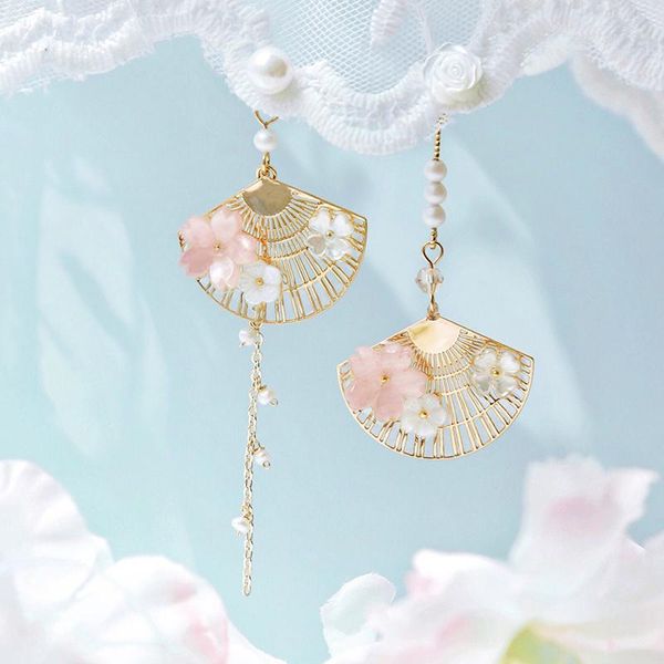 

dangle & chandelier fan pendant earrings japanese mori super fairy shell flower pearl fan-shaped asymmetrical, Silver