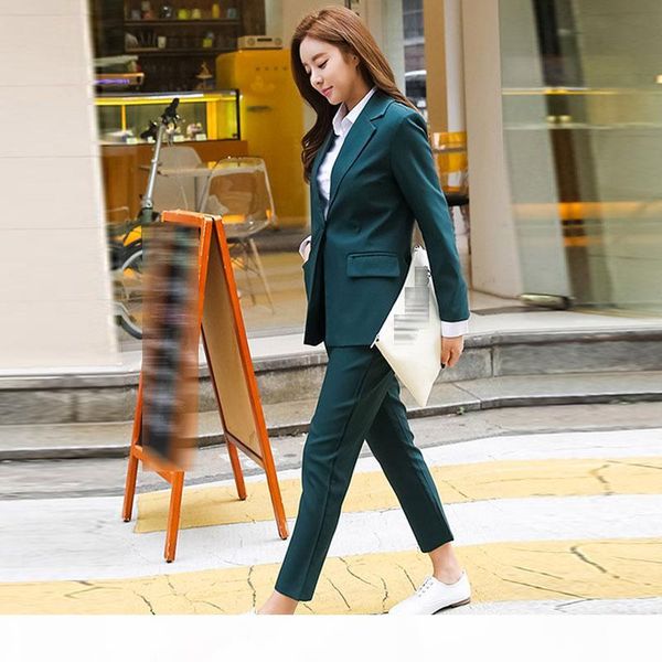 

new elegant office work wear pant suits 2 piece sets solid blazer jacket & trousers suit for women set femme, White;black