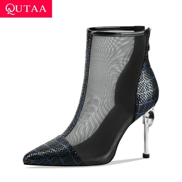 

dress shoes qutaa 2021 pointed toe sheepskin mesh flower ladies pumps thin high heel ankle boots fashion zipper women size 34-39, Black