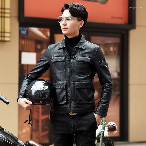 

spring autumn men korean style faux leather jacket male suit collar pu business slim plus size 5xl coat b03 men's fur &, Black
