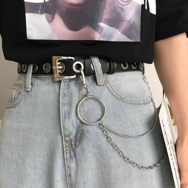 

2021 fashion ladies harajuku leather designer belts with chain luxury aesthetic grommet belt hollow woman belt for jeans, Black;brown
