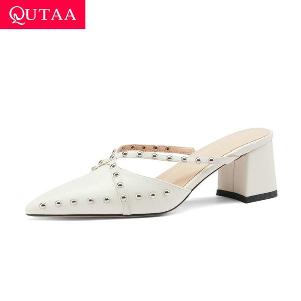 

qutaa 2021 rivet pointed toe women slides fashion cross strap summer sandals genuine leather slingback female shoes size 34-43, Black
