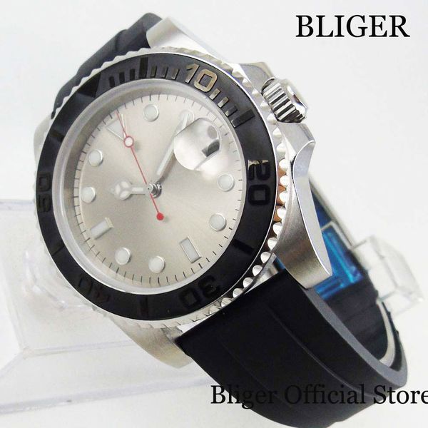

bliger grey mechanical men clock 40mm sapphire born ceramic bezel rubber strap miyota movement, Slivery;brown
