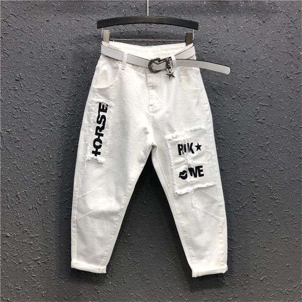 

spring summer new korea fashion women white casual denim harem pants letter patchwork cotton loose jeans plus size s809 201109, Blue
