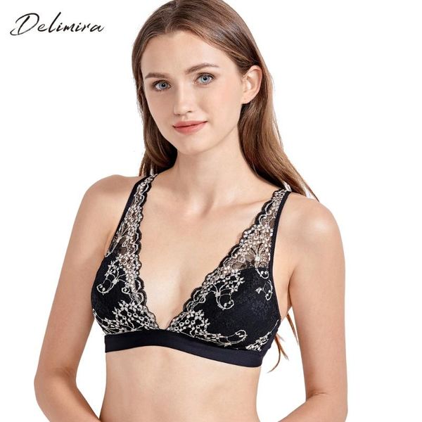 

delimira women's deep-v wire-no padded triangle bralette plunge lace bra, Red;black