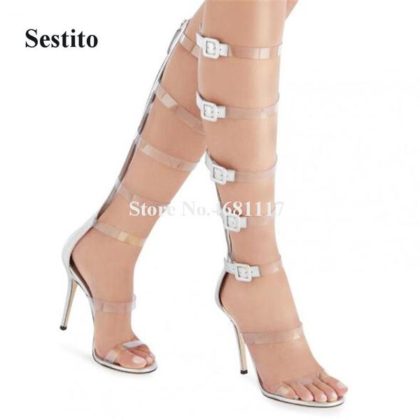 Sandálias Transparentes Joelho High Heeled Romen Fivelas Fivelas Fino Correias Prata Coxa Gladiador Botas Zipper Branco Sapatos