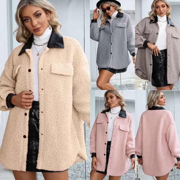 

lapel cardigan plush fur long single-breasted trench coat jacket women, Black