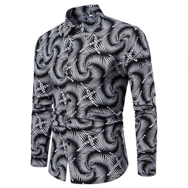 

men's casual vortex slim fit long-sleeved formal dress shirts black white printed male social chemise 210809, White;black