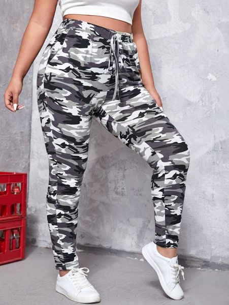 

plus camo print tie front pants p3r5#, Black