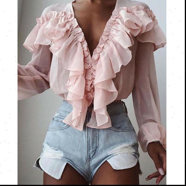 

vintage flowy ruffles stylish women blouses 2021 fashion v neck long sleeve ladies shirts autumn casual blusas mujer, White