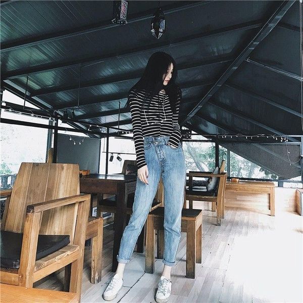 

women's jeans korean streetwear casual high waist straight women, Blue