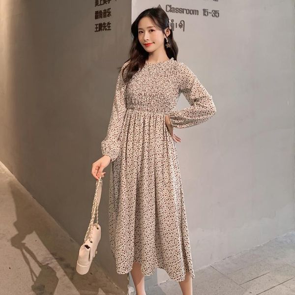 

maternity dresses 3528# autumn spring korean fashion floral printed chiffon long dress sweet clothes for pregnant women pregnancy, White
