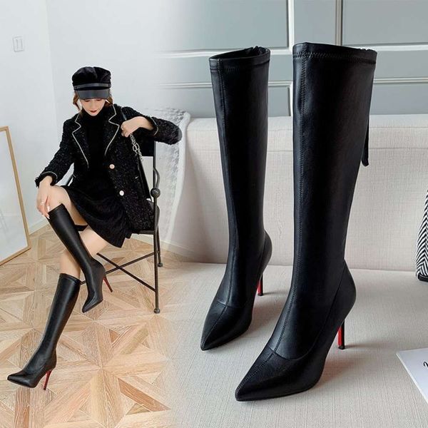 

below knee fashion boots women autumn and winter pointed high heels thin warm elastic, Black