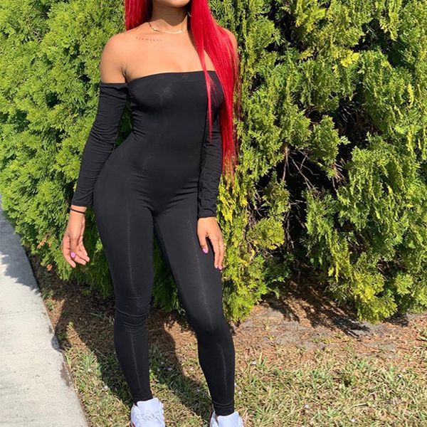 

off shoulder jumpsuits women bodysuits leotard long sleeve slash neck solid club sport fitness skinny rompers streetwear, Black