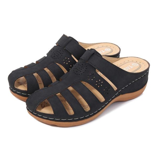 

2021 summer women wedge sandals vintage anti-slip leather casual female platform retro shoes platform sandal women, Black