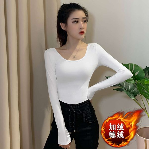 

white plush denim bottom coat long sleeve autumn winter foreign style with large u low neckline t-shirt and versatile tights