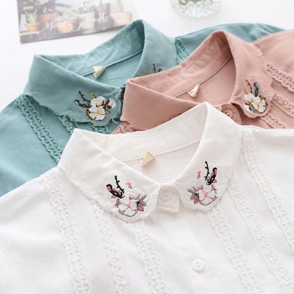 

women's blouses & shirts cotton 100% white women flower embroidery summer 2021 turn-down collar long-sleeved straight office lady elega