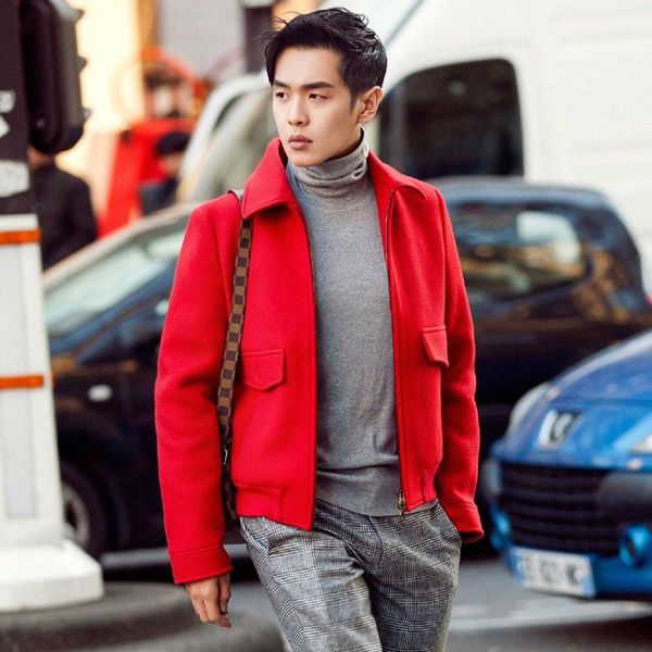 

autumn and winter 2021 new tweed jacket short casual jacket men's tweed coat lapel zipper hairstylist trendy man, Black