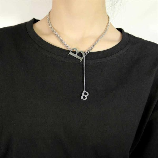 

earrings & necklace ins personality versatile letter b stainless steel net red cool wind simple temperament short clavicle chain women do, Silver