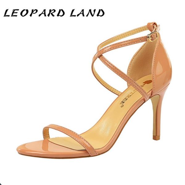 

dress shoes leopard land 8cm heels fashion summer simple high-heeled fine-heeled lacquer cross belt night shoe ds, Black