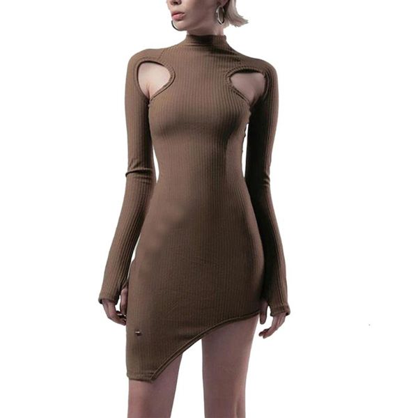 

casual dresses ladies hollow out knitted dress women long sleeve crew neck solid slim fit club party fashion elegant asymmetrical, Black;gray