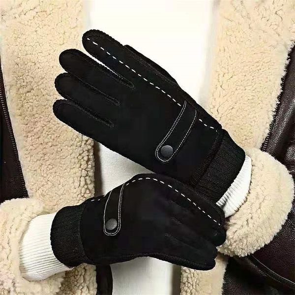 

straight pigskin leather gloves men's autumn and winter outdoor cycling motorcycle plush warm down touch screen, Black